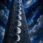 Silver & Cobalt moon phase prints featuring a celestial obelisk, ascending lunar phases, cosmic dust, and deep blue astronomical tones for elegant interiors