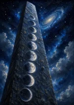 Silver & Cobalt moon phase prints featuring a celestial obelisk, ascending lunar phases, cosmic dust, and deep blue astronomical tones for elegant interiors