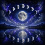 Ink Blue Modern lunar wall art featuring a full moon reflected on a celestial lake, nebula clouds, stars, and deep blue tones for elegant interiors
