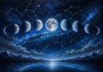Ice Blue Editorial lunar phase wall art featuring eight moon phases, crater details, stardust streams, and cool blue celestial tones for elegant interiors
