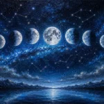 Ice Blue Editorial lunar phase wall art featuring eight moon phases, crater details, stardust streams, and cool blue celestial tones for elegant interiors