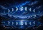 Ice Blue Editorial lunar phase wall art featuring a reflected moon cycle, alpine water, night sky, and cool blue tones for elegant interiors