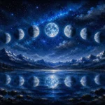 Ice Blue Editorial lunar phase wall art featuring a reflected moon cycle, alpine water, night sky, and cool blue tones for elegant interiors