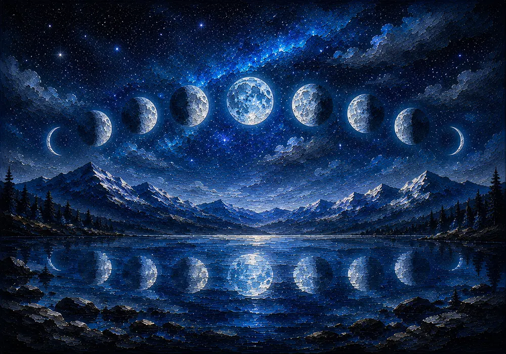 Frozen Horizon Lunar Phase Wall Art Ice Blue Editorial Art Print