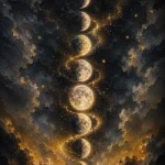Charcoal and gold moon phase canvas featuring eight ascending lunar phases with glowing stardust for elegant interiors