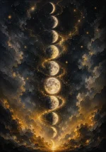 Charcoal and gold moon phase canvas featuring eight ascending lunar phases with glowing stardust for elegant interiors