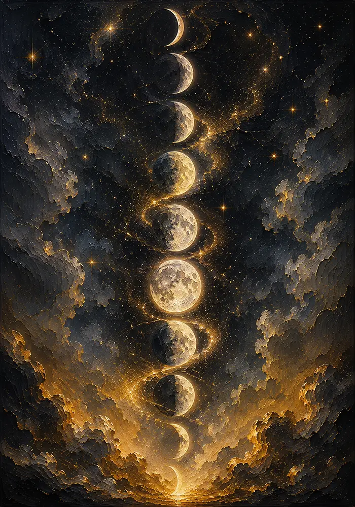 Gilded Ascent Moon Phase Canvas Charcoal & Gold Art Print