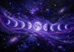 Dusty lilac moon phase art print featuring a glowing cosmic ribbon with the complete lunar cycle and sparkling constellations for elegant interiors