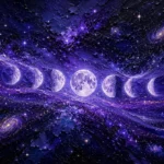 Dusty lilac moon phase art print featuring a glowing cosmic ribbon with the complete lunar cycle and sparkling constellations for elegant interiors