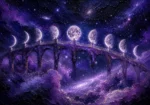 Dusty lilac moon phase art print featuring a celestial bridge with luminous lunar phases, nebula clouds, and delicate constellations for elegant interiors