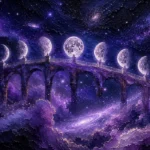 Dusty lilac moon phase art print featuring a celestial bridge with luminous lunar phases, nebula clouds, and delicate constellations for elegant interiors