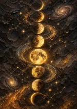 Antique gold gold moon phase wall hanging featuring eight luminous lunar phases with glowing stardust and celestial constellations for elegant interiors