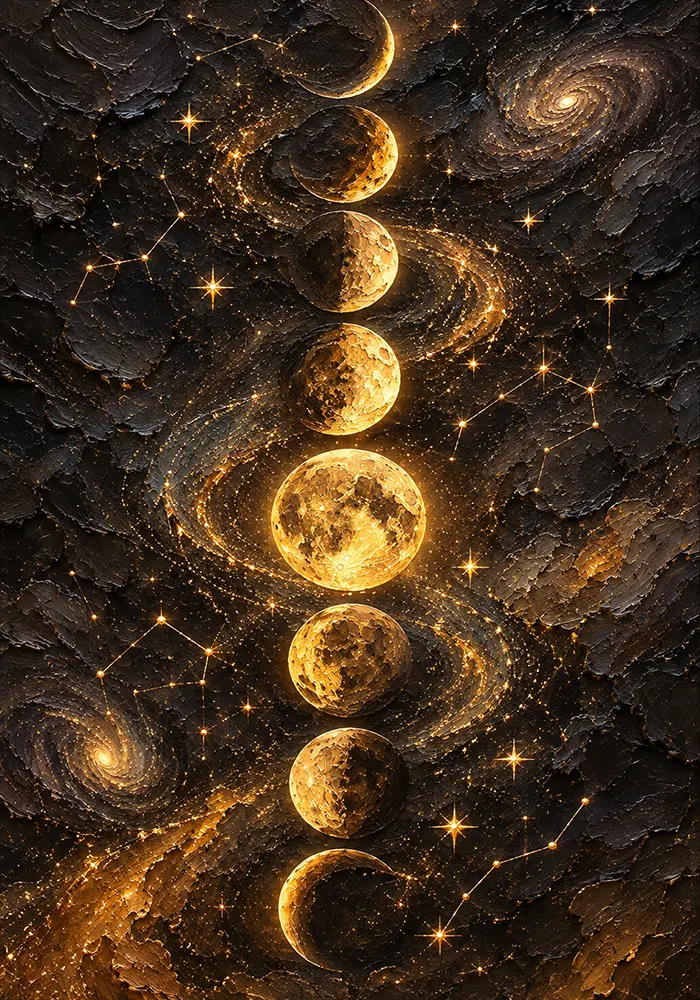 Aureate Ascension Gold Moon Phase Wall Hanging Antique Gold Luxe Art Print
