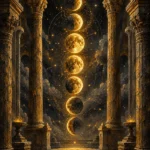 Antique gold gold moon phase wall hanging featuring glowing lunar phases within a celestial sanctuary and elegant architectural details for sophisticated interiors