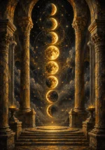 Antique gold gold moon phase wall hanging featuring glowing lunar phases within a celestial sanctuary and elegant architectural details for sophisticated interiors