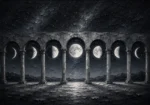 Graphite moon phases framed artwork featuring lunar phases within elegant stone arches and subtle silver highlights for sophisticated interiors