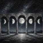 Graphite moon phases framed artwork featuring lunar phases within elegant stone arches and subtle silver highlights for sophisticated interiors