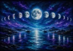 Deep Peacock & Plum large moon phase wall art featuring glowing moon phases reflected across a tranquil celestial river for elegant interiors