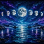 Deep Peacock & Plum large moon phase wall art featuring glowing moon phases reflected across a tranquil celestial river for elegant interiors