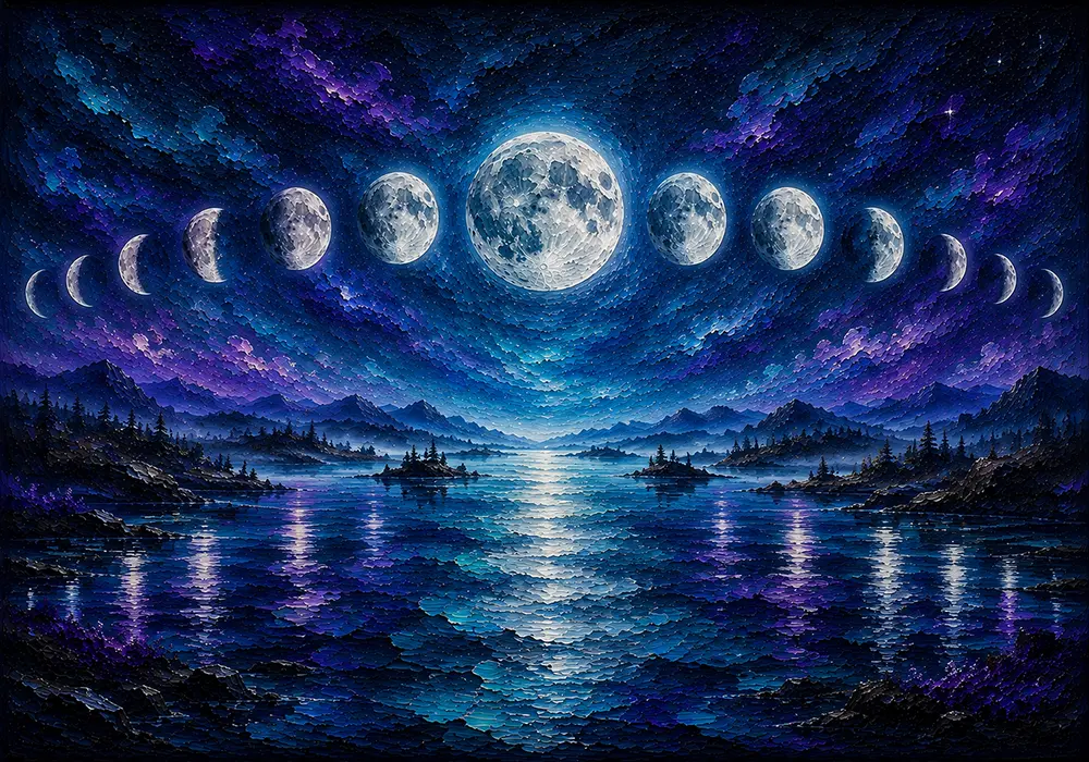 Astral Current Large Moon Phase Wall Art Deep Peacock & Plum Art Print