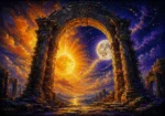 Honey & Ultramarine sun and moon paint featuring a radiant golden sun and luminous moon framed by an ancient stone arch