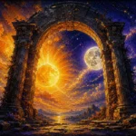 Honey & Ultramarine sun and moon paint featuring a radiant golden sun and luminous moon framed by an ancient stone arch