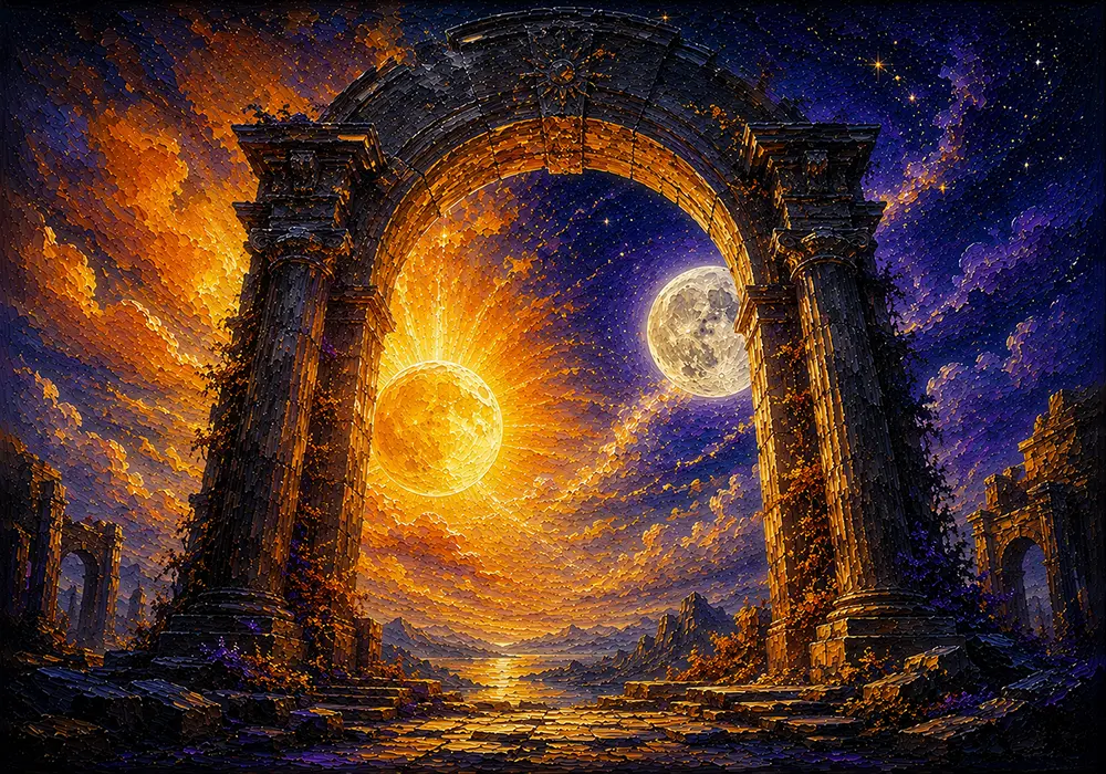 Golden Convergence Sun and Moon Paint Honey & Ultramarine Art Print