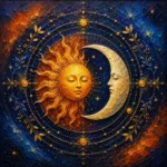 Ochre & Navy sun and moon wall decor featuring a radiant celestial mandala with a golden sun, crescent moon, and elegant orbit rings for refined interiors