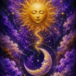 Violet & Gold sun moon wall art featuring a radiant sun above a luminous crescent moon with elegant constellation details for refined interiors