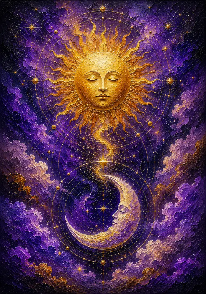 Celestial Covenant Sun Moon Wall Art Violet & Gold Art Print