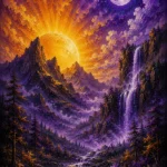 Violet & Gold sun moon wall art featuring a radiant sun, luminous full moon, towering mountains, and cascading waterfalls for elegant interiors