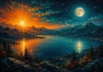 Peacock & Gold sun moon and stars decor featuring a radiant sun, luminous full moon, shimmering stars, and tranquil lake reflections for elegant interiors