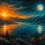 Peacock & Gold sun moon and stars decor featuring a radiant sun, luminous full moon, shimmering stars, and tranquil lake reflections for elegant interiors