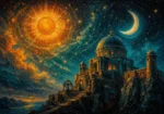 Peacock and gold sun moon and stars decor featuring an ancient stone observatory beneath a radiant celestial sky for elegant interiors