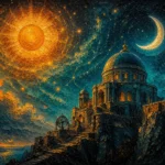 Peacock and gold sun moon and stars decor featuring an ancient stone observatory beneath a radiant celestial sky for elegant interiors