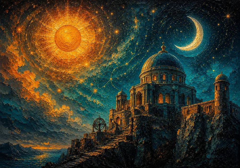 Astral Voyage Sun Moon And Stars Decor Peacock & Gold Art Print