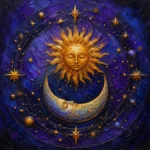 Indigo and saffron sun moon and stars art featuring a radiant sun, crescent moon, and celestial star mandala for elegant interiors