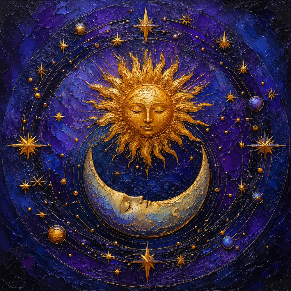 Astral Concord Sun Moon And Stars Art Indigo & Saffron Art Print