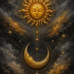 Antique Gold Luxe sun and moon art print featuring a radiant golden sun above a luminous crescent moon with celestial rays and stars for elegant interiors