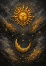 Antique Gold Luxe sun and moon art print featuring a radiant golden sun above a luminous crescent moon with celestial rays and stars for elegant interiors