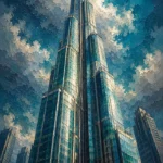Burnt Orange and Navy sun and moon canvas painting featuring a soaring reflective skyscraper rising into the clouds for contemporary interiors