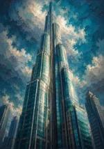 Burnt Orange and Navy sun and moon canvas painting featuring a soaring reflective skyscraper rising into the clouds for contemporary interiors