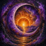 Mauve and copper abstract sun and moon art featuring a rising sun framed within an ethereal crescent moon and layered celestial textures for elegant interiors
