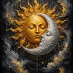 Charcoal and gold gold sun and moon wall decor featuring a radiant golden sun embracing a luminous crescent moon for elegant interiors