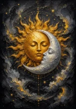 Charcoal and gold gold sun and moon wall decor featuring a radiant golden sun embracing a luminous crescent moon for elegant interiors