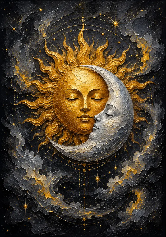Gilded Eclipse Gold Sun And Moon Wall Decor Charcoal & Gold Art Print