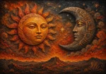 Terracotta mexican sun and moon wall art featuring a radiant golden sun, patterned crescent moon, and layered desert landscape for elegant interiors