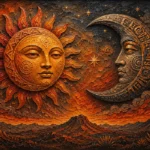 Terracotta mexican sun and moon wall art featuring a radiant golden sun, patterned crescent moon, and layered desert landscape for elegant interiors