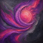 Plum and rose sun and moon abstract art featuring a radiant solar disc, crescent forms, and flowing abstract ribbons for elegant interiors