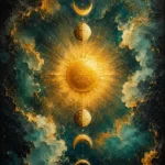 Golden citrus sun and moon wall art set featuring a glowing sun, lunar phases, and celestial textures for elegant interiors